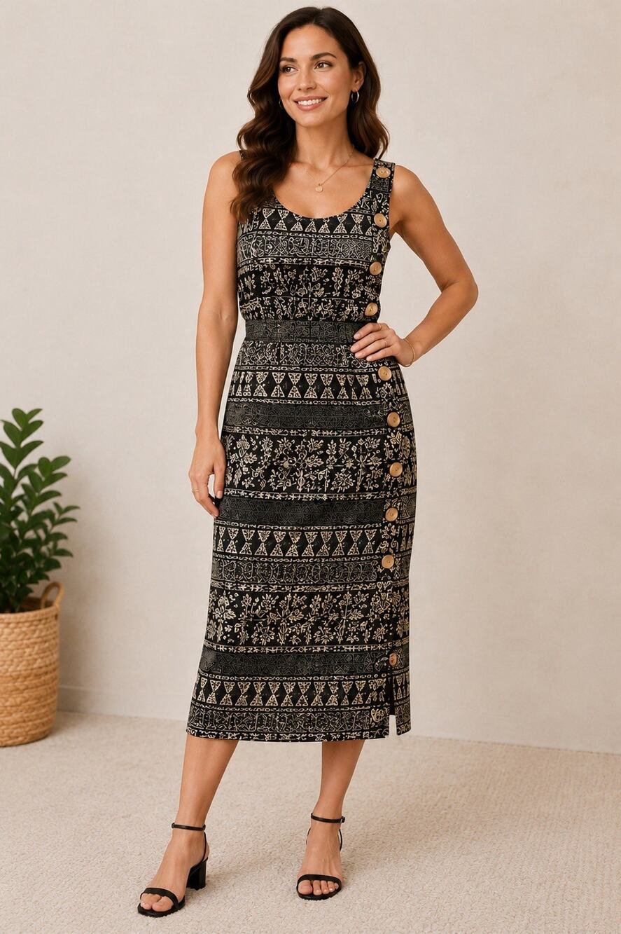 Vintage Santa Fe by Jim Tremblay Dress Size 6 Black Beige Southwestern Midi 90s